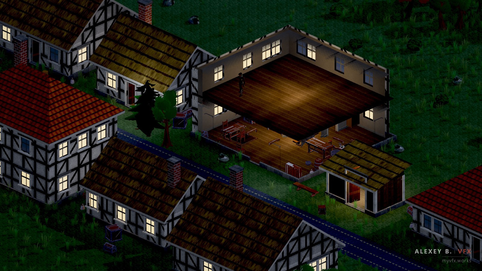 Open floor in the village at night