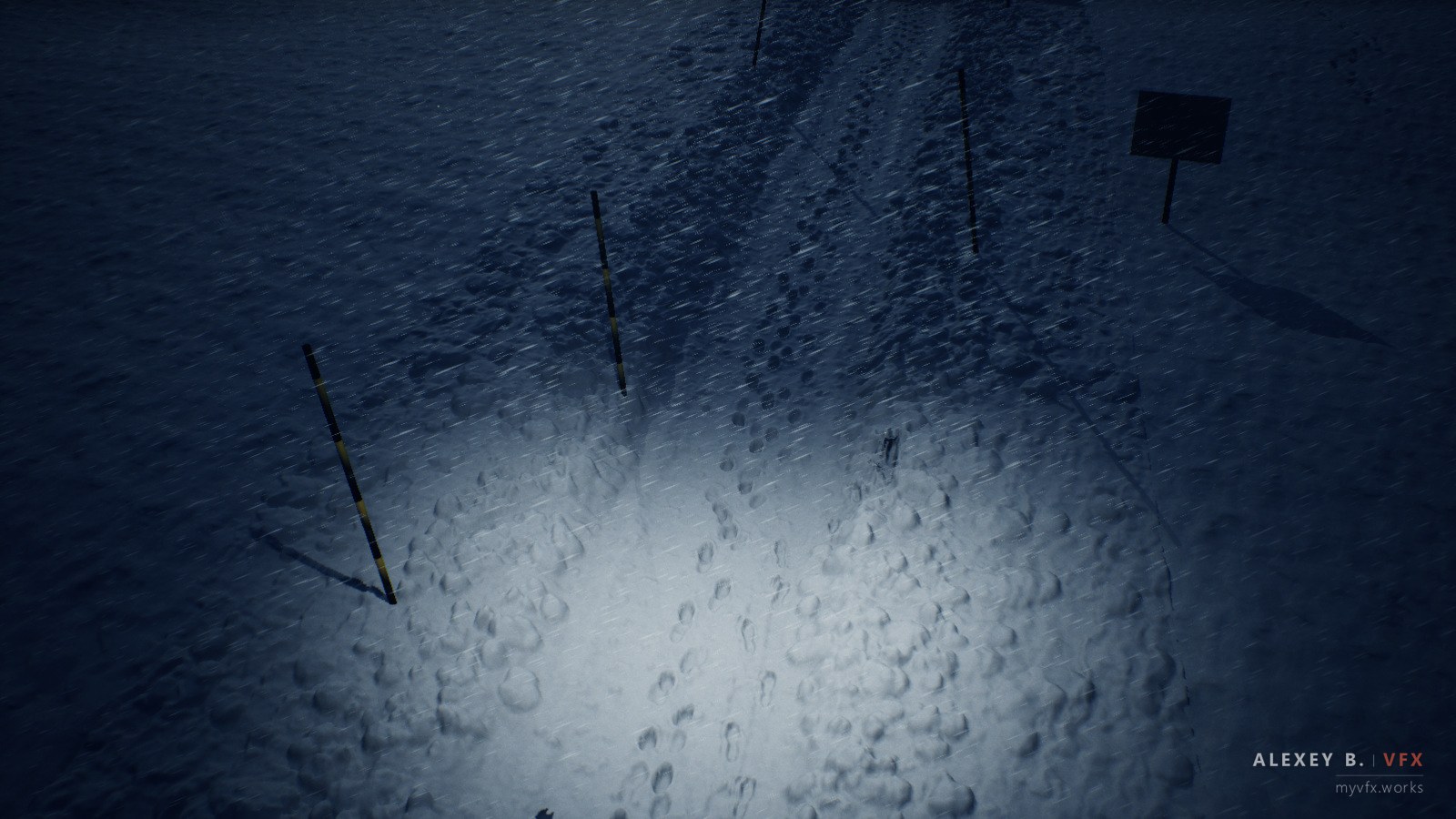 Snow path in flashlight